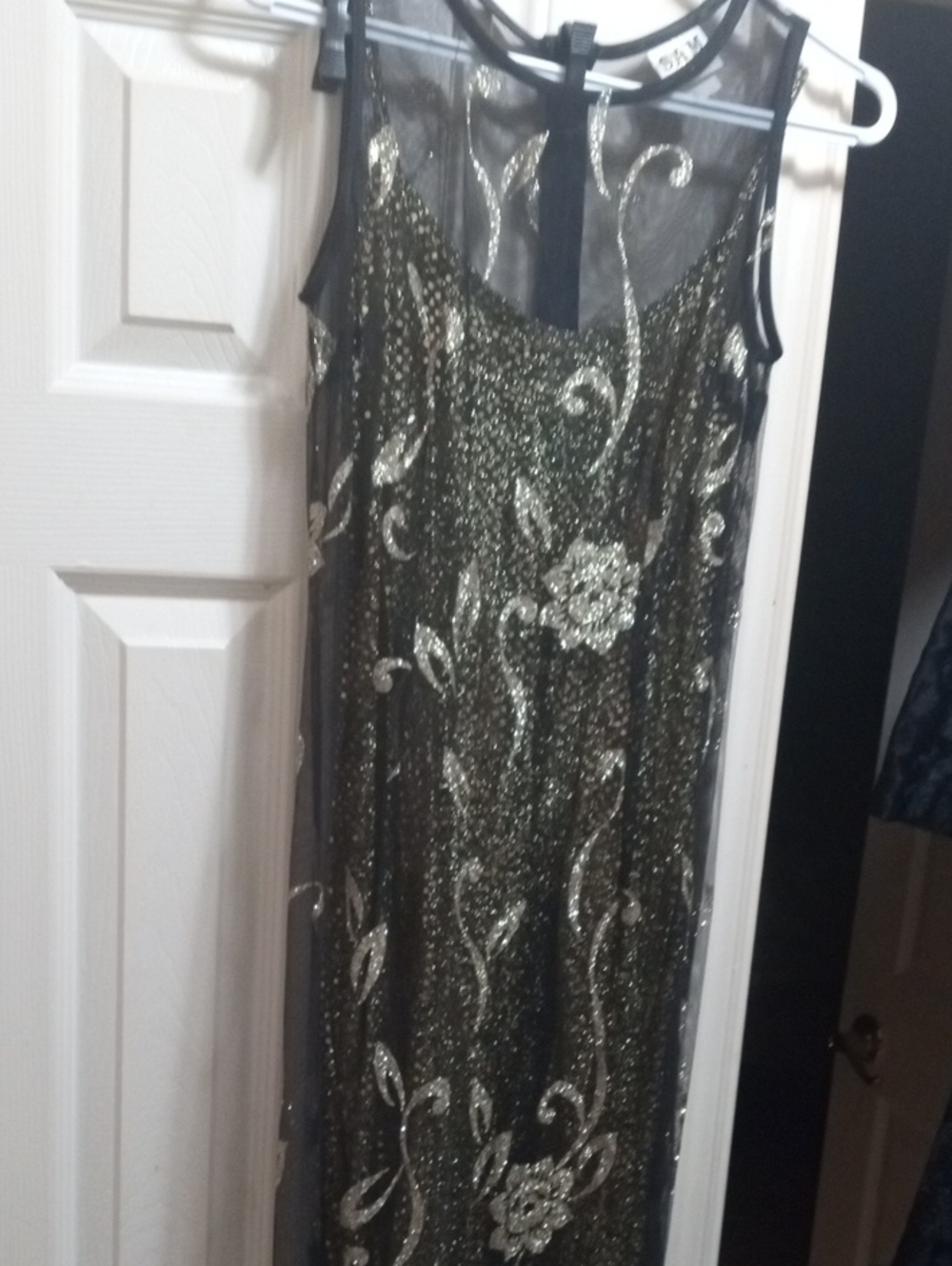 Vintage SAM. Black Maxi Dress with Gold Sequin Floral Overlay